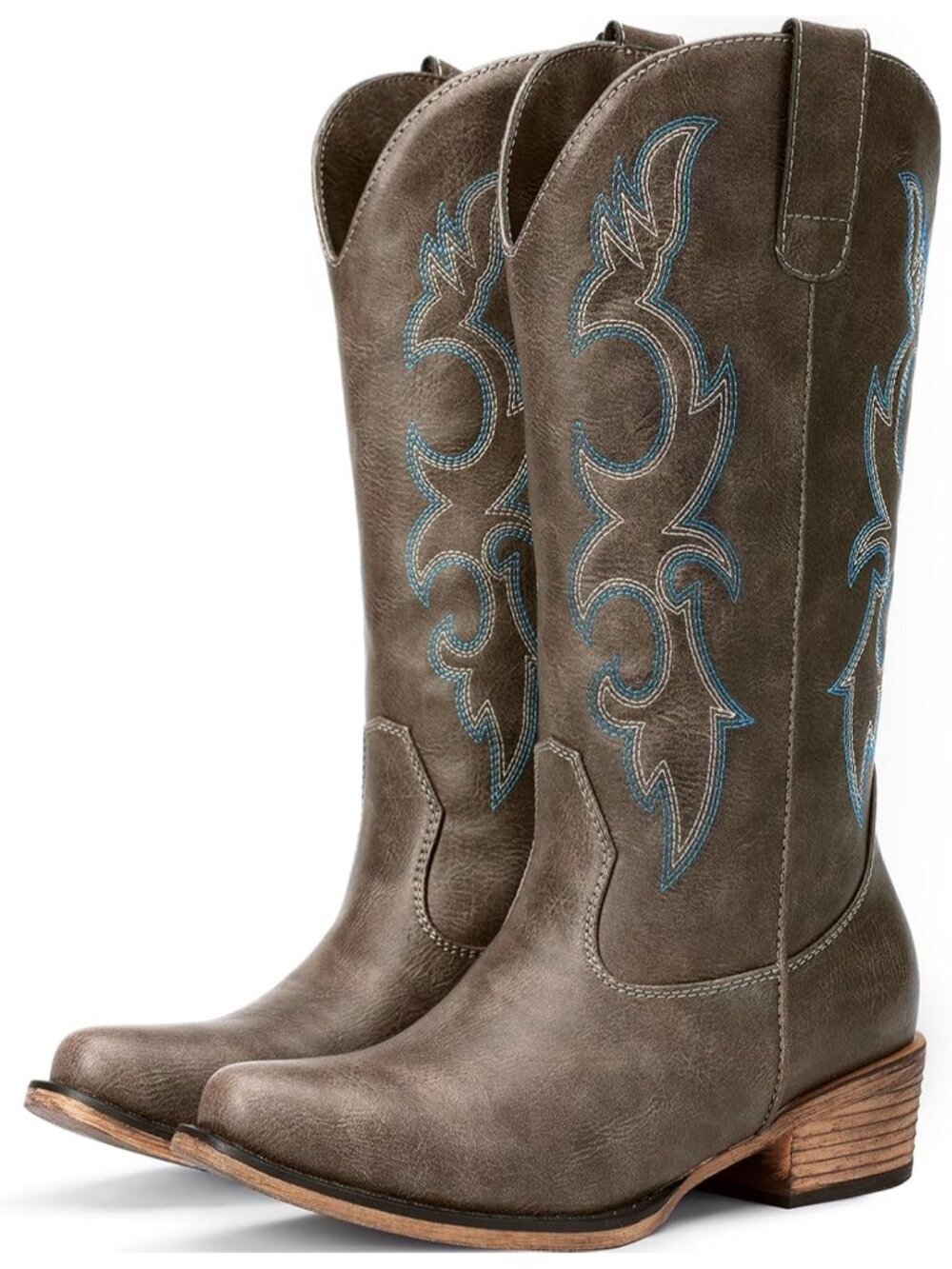 Women's Brown Cowgirl Mid Calf Chunky Pointed Toe Western Concert Outfit Boots